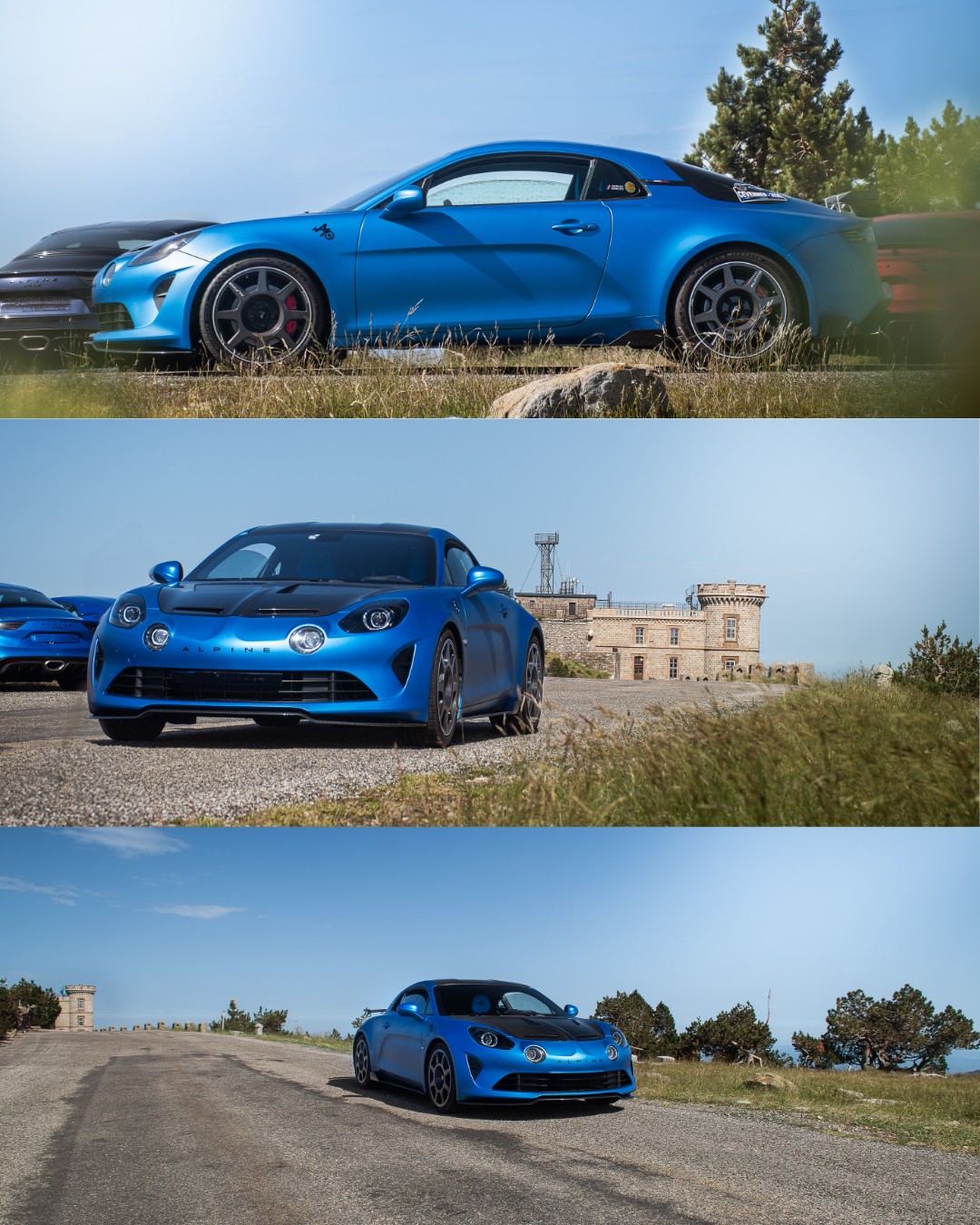 Planche détails : Alpine A110R vue de profil, vue de face et sur la route du sommet