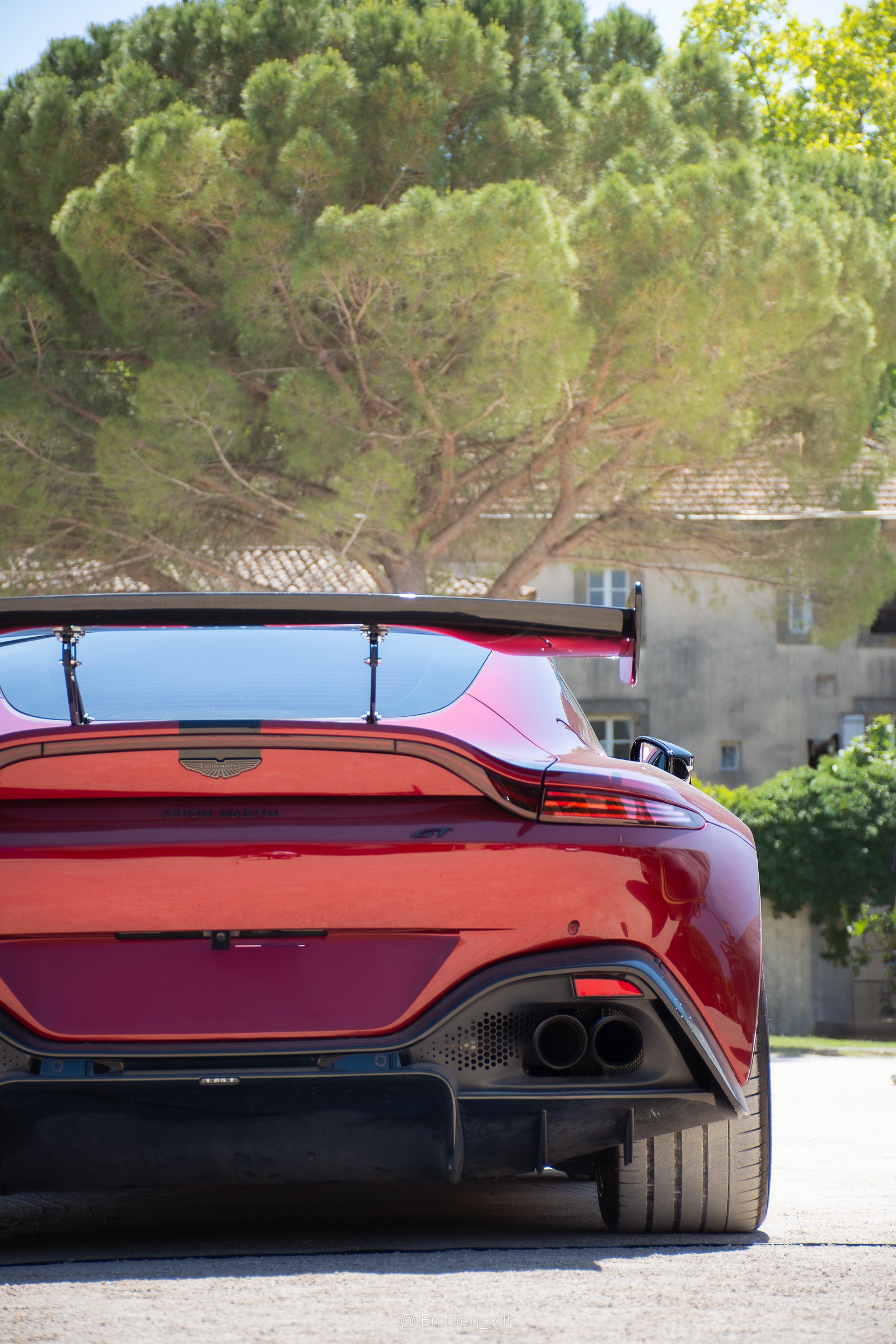 Aston Martin Vantage, vue arrière sous les pins