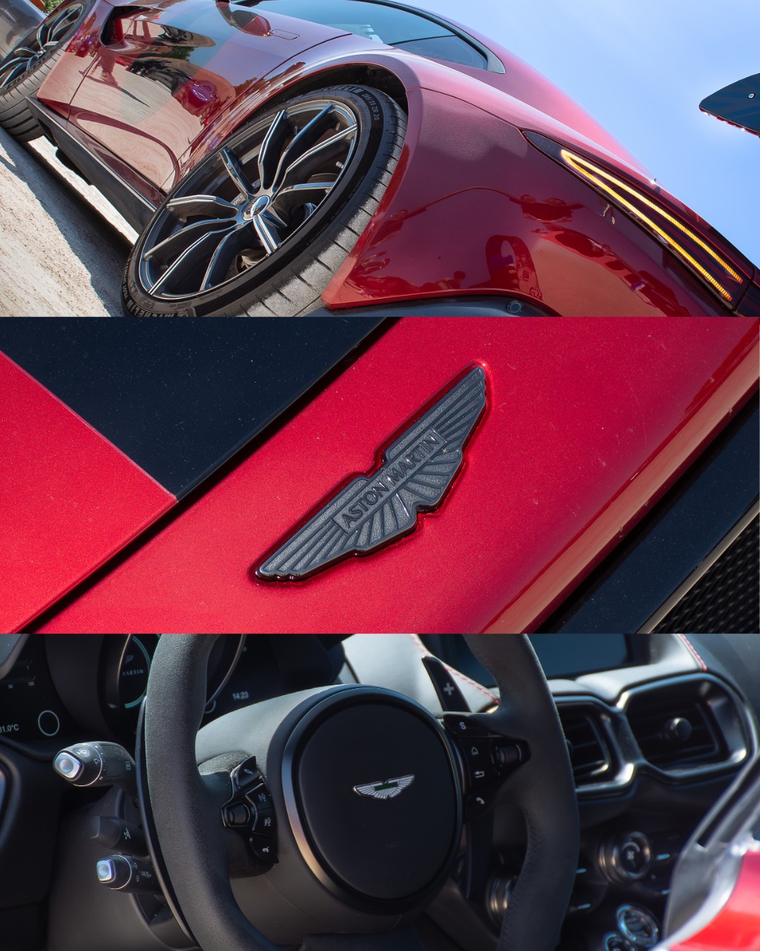 Planche détails : jante, écusson et habitacle de l'Aston Martin
