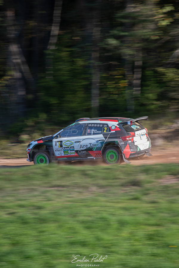 Skoda Fabia Rally2 en filé, jantes vertes, lisière de forêt