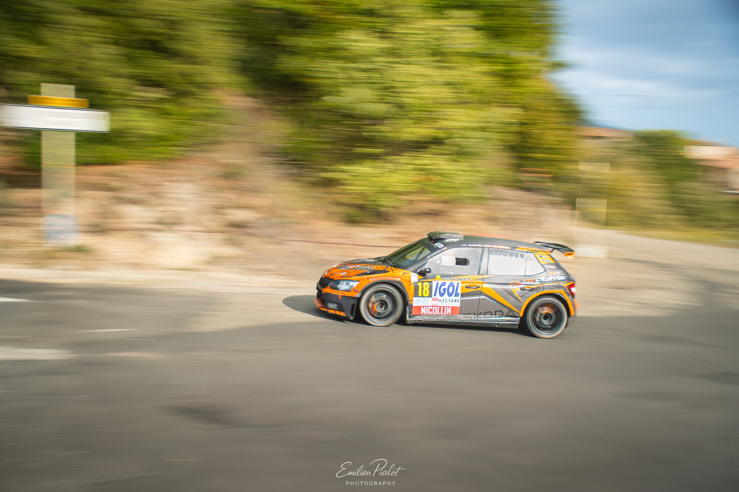 Porsche 911 GT3 Rally blanche et rouge sur piste de terre, feuilles d'automne