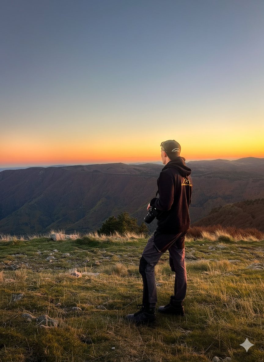 Émilien Pialot au coucher de soleil, appareil photo à l'épaule